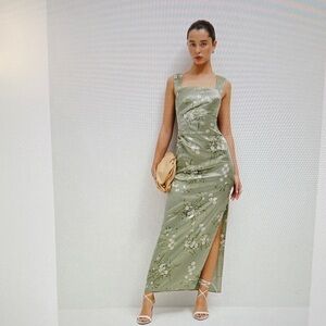 Reformation earl silk dress Bonita print sage green with white daisy print